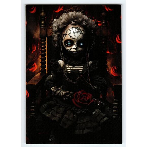 Creepy Gothic Doll Halloween Postcard with Red Rose & Blue Eyes - Picture 1 of 2